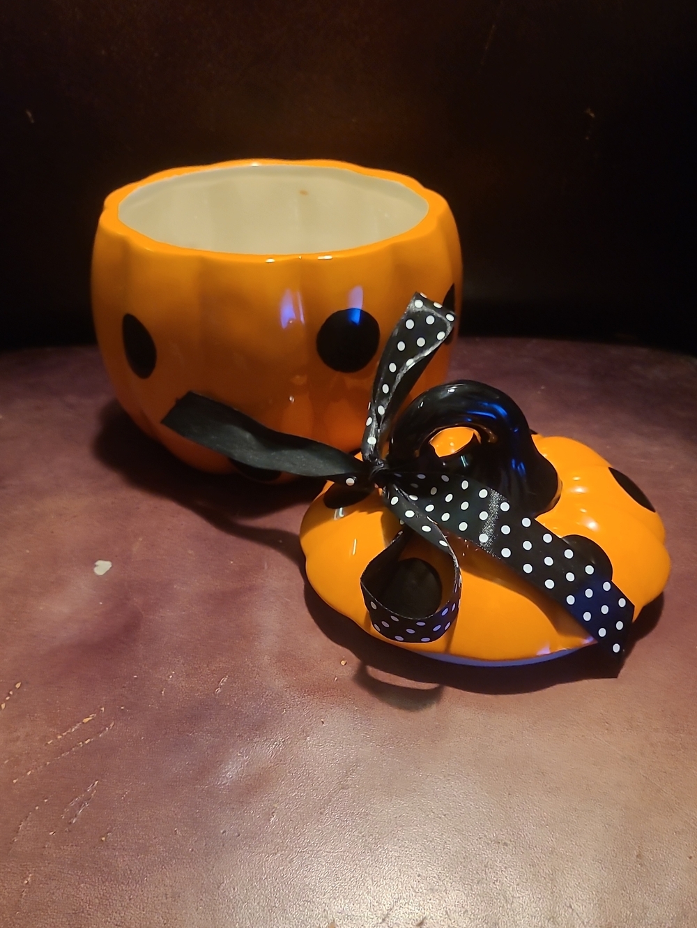 Orange Polka Dot Pumpkin Ceramic Canister with Black Bow - Picture 2 of 6